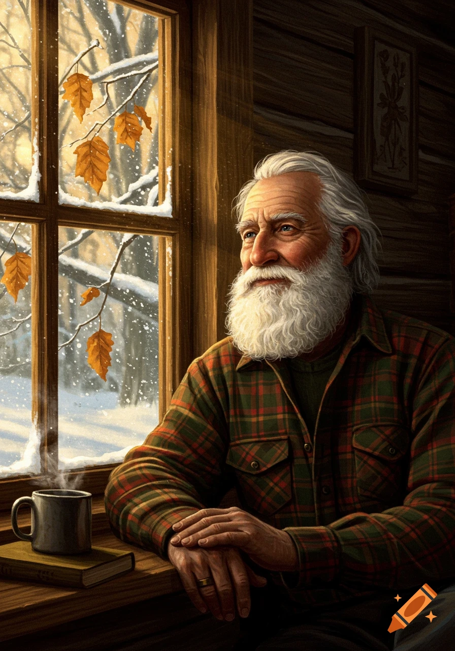 An old man with a white beard in a flannel shirt looks out a cabin window at a snowy winter landscape with golden leaves.