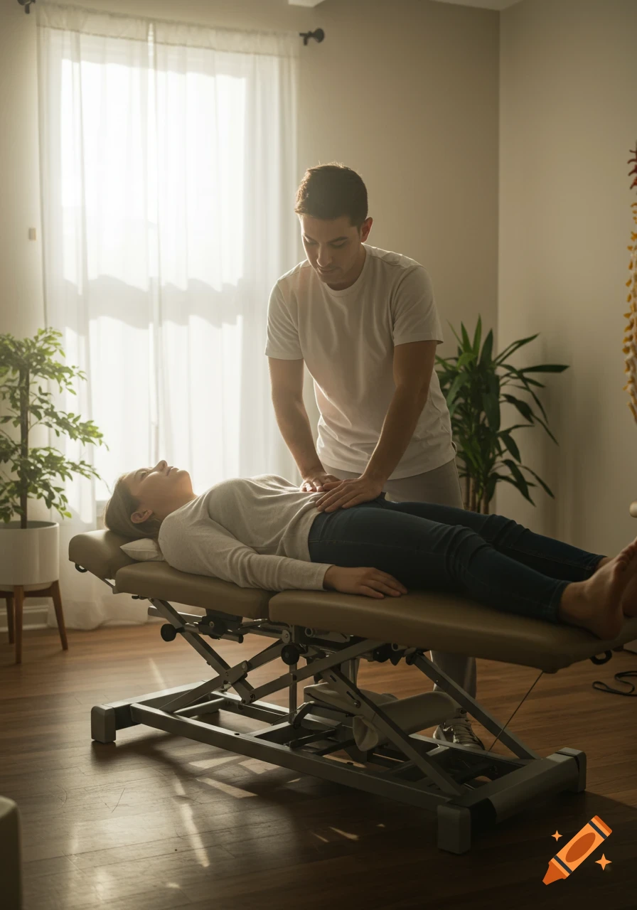 A chiropractor treating a patient lying on an examination table in a sunlit room.