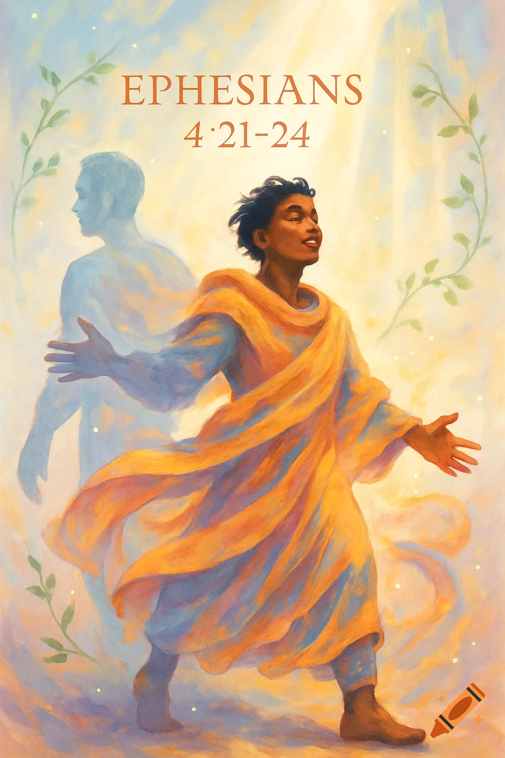 Painterly image of a person in flowing robes stepping forward, looking up; a faint ghostly figure is behind them. Text: EPHESIANS 4:21-24.