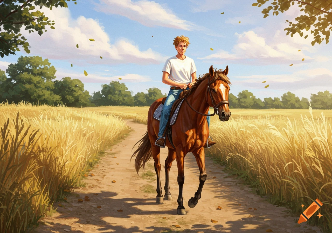 A young man rides a brown horse on a dirt path through a golden wheat field under a blue sky, in an illustration style.