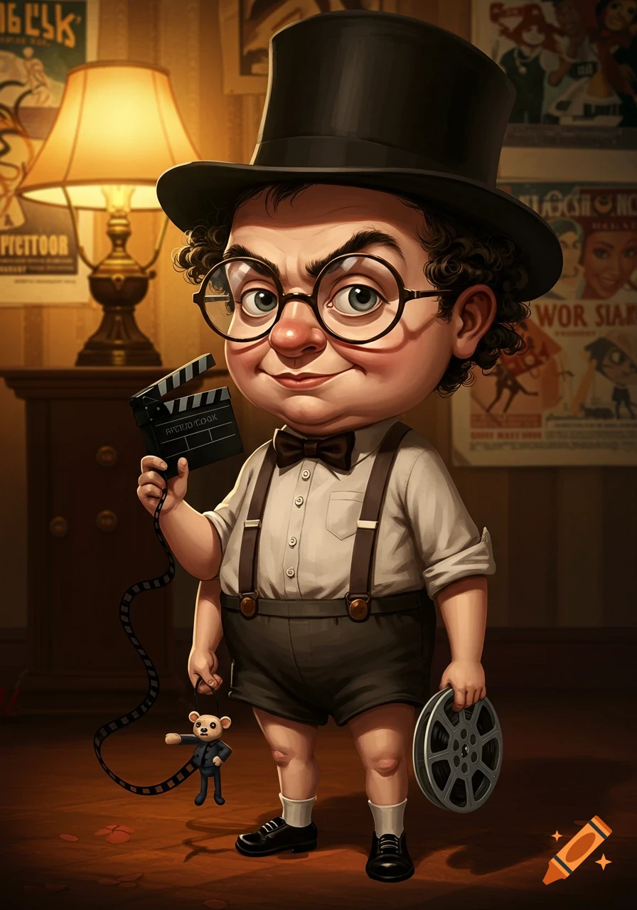 A mischievous cartoon child in a top hat, glasses, and suspenders holds a clapperboard, a film reel, and a small teddy bear, in a room with vintage movie posters.