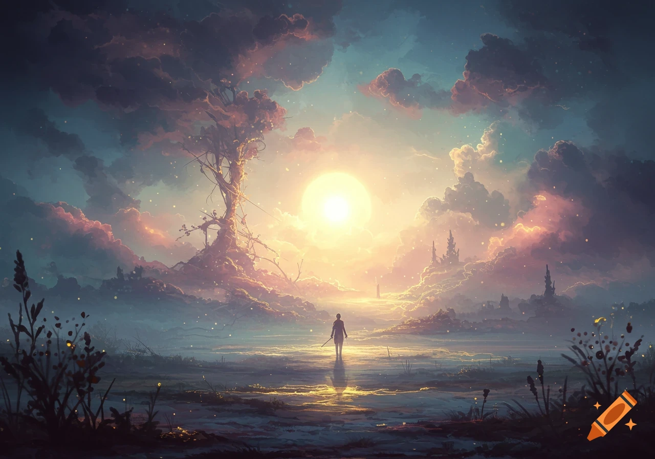 A lone figure stands in a vibrant, misty fantasy landscape under a glowing sun, with a gnarled tree and distant castles.