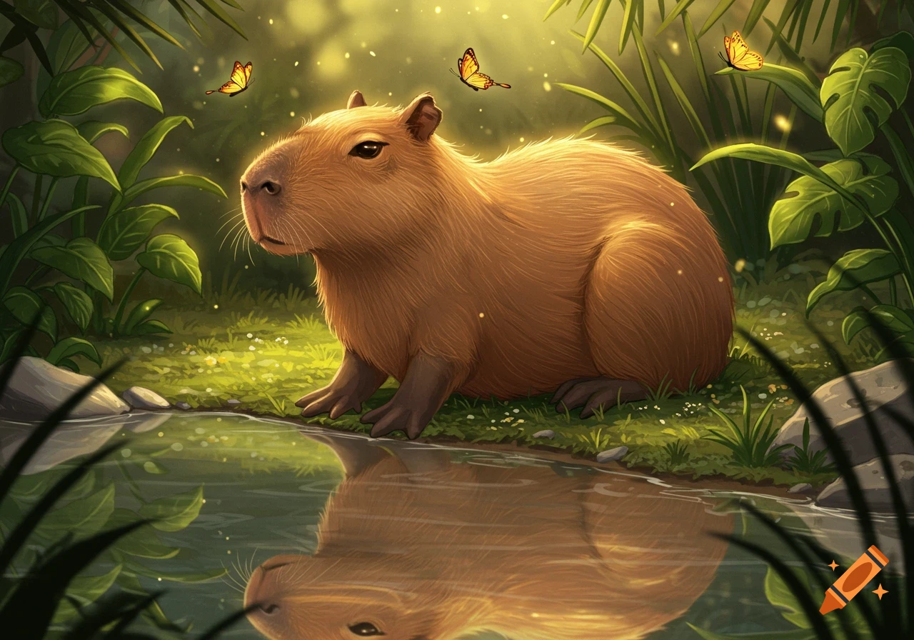 A cute capybara sits by a pond in a sunlit forest with butterflies, reflected in the water, in an illustrative style.