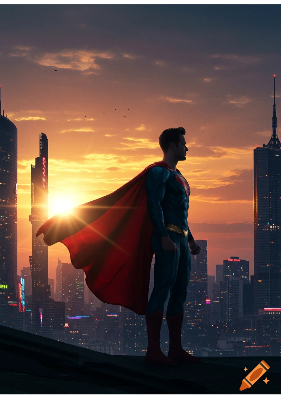 Superman stands on a rooftop overlooking a city skyline at sunset, cape flowing.