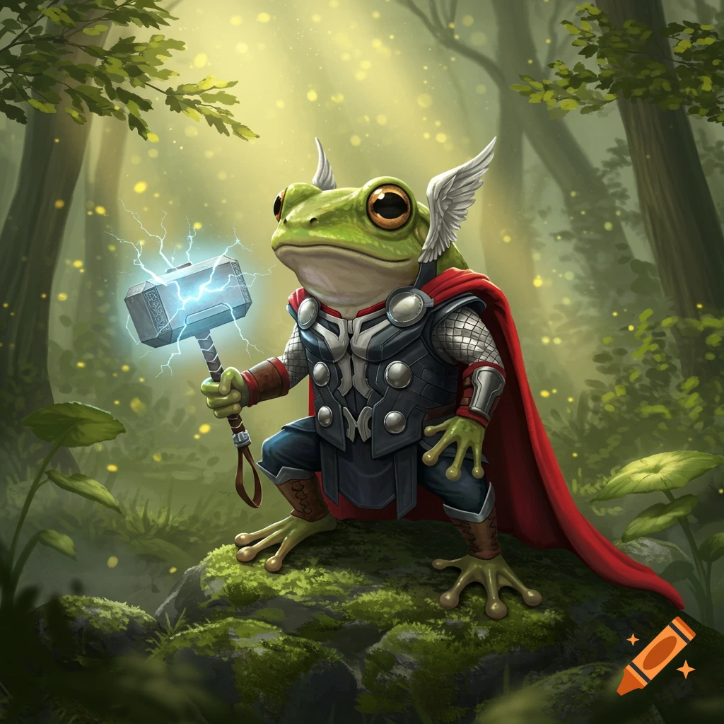 A frog dressed as Thor, complete with winged helmet, armor, red cape, and a glowing Mjolnir hammer, stands on a mossy log in a magical forest.