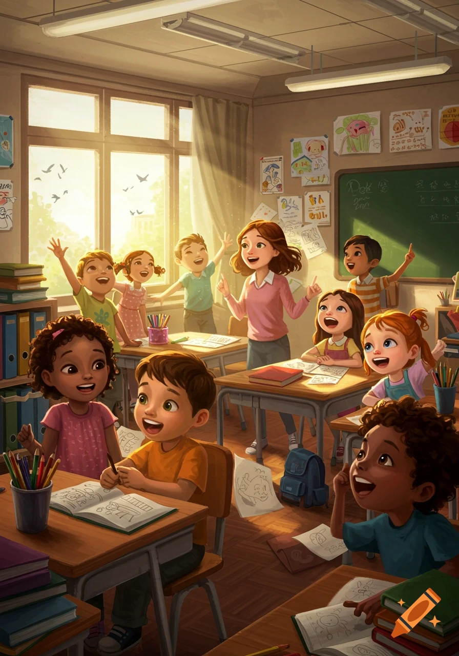 A bright, colorful illustration of a diverse group of happy children in a classroom with their teacher.