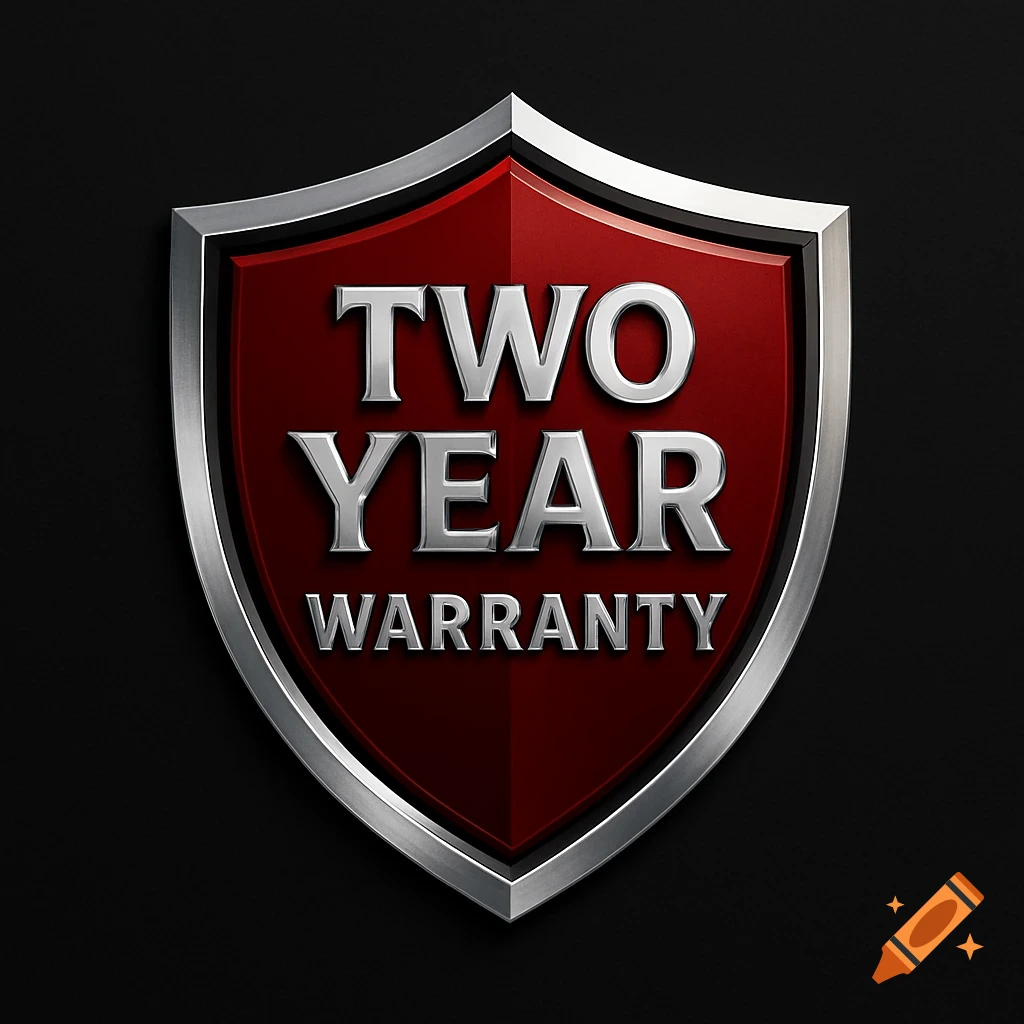 A red and silver shield logo with the text 'TWO YEAR WARRANTY' in metallic silver, set against a dark background.