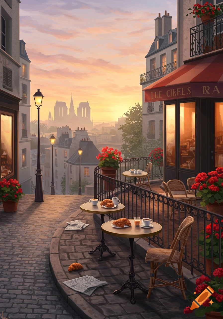 A picturesque Parisian street scene with a cafe, outdoor tables, and croissants under a warm sunrise sky, with Notre Dame in the distance.