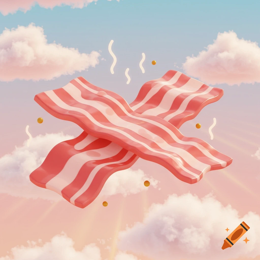 Two stylized wavy bacon strips floating in a pastel sky with clouds and sun rays, emitting steam and small golden spheres.