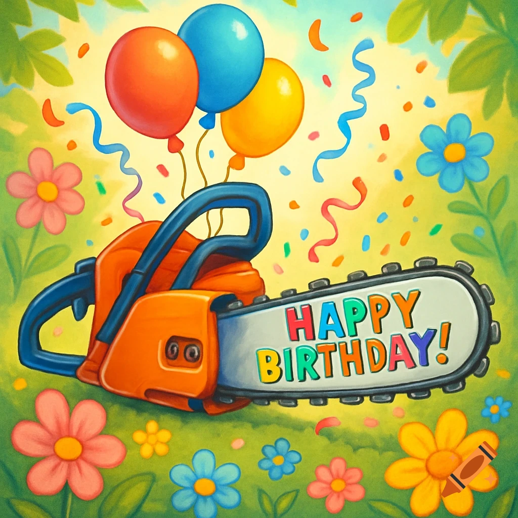 Whimsical illustration of a chainsaw with 'Happy Birthday!' on its blade, surrounded by colorful balloons, flowers, and confetti.