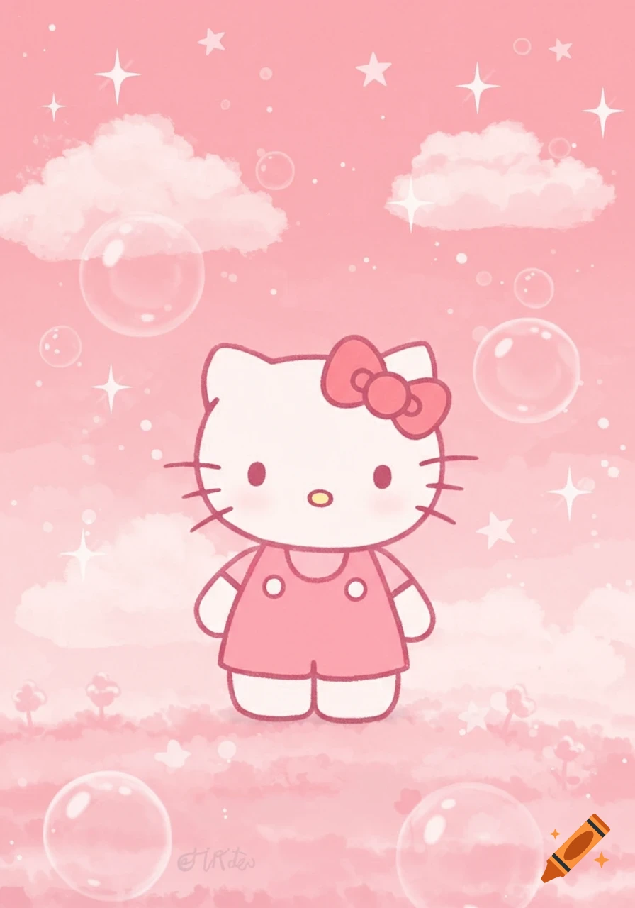 A cute Hello Kitty in a pink overall stands against a light pink sky with fluffy clouds, sparkles, and bubbles.