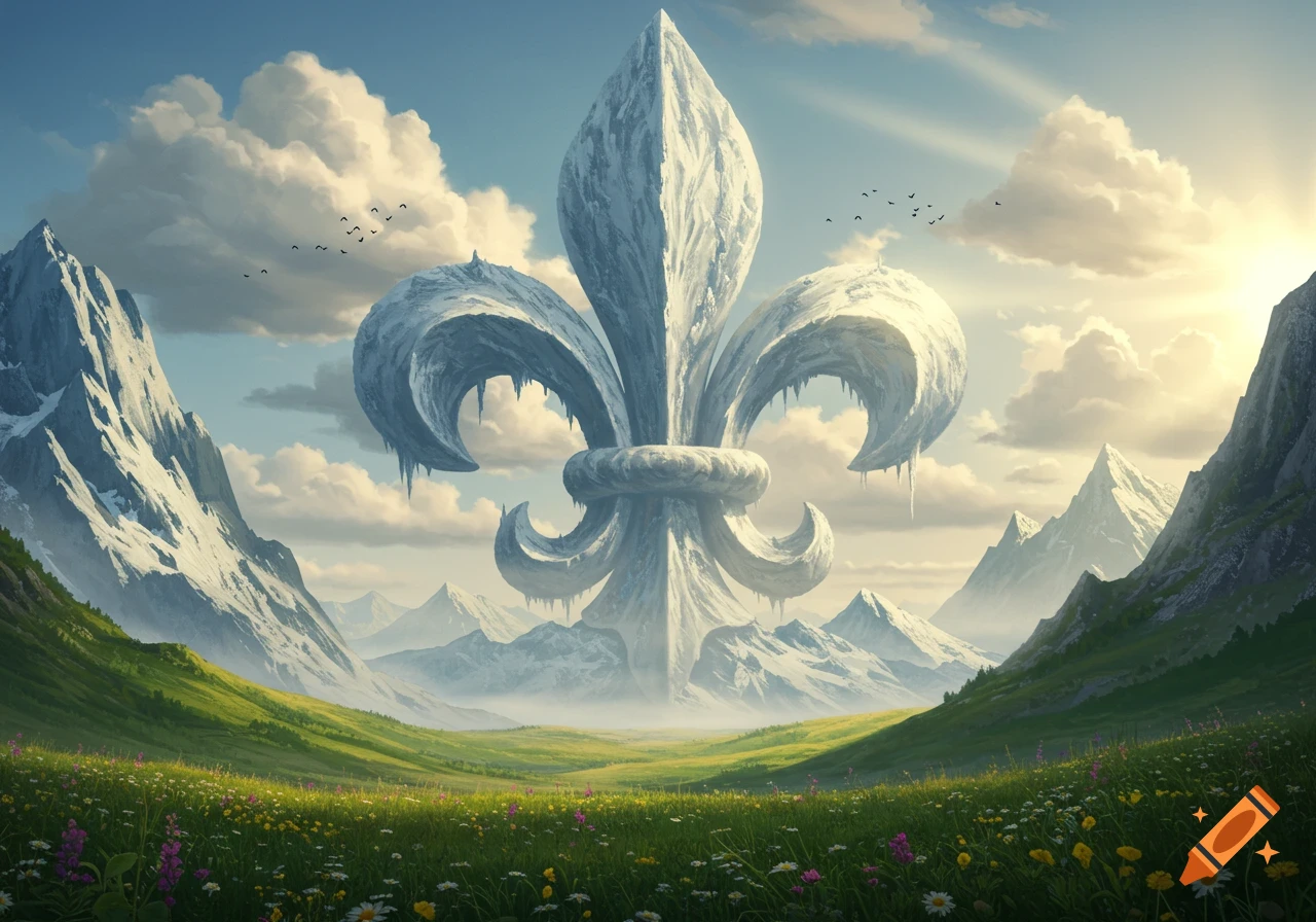 A colossal icy Fleur de Lys monument rises from a vibrant green wildflower meadow, flanked by snow-capped mountains under a bright, cloudy sky.