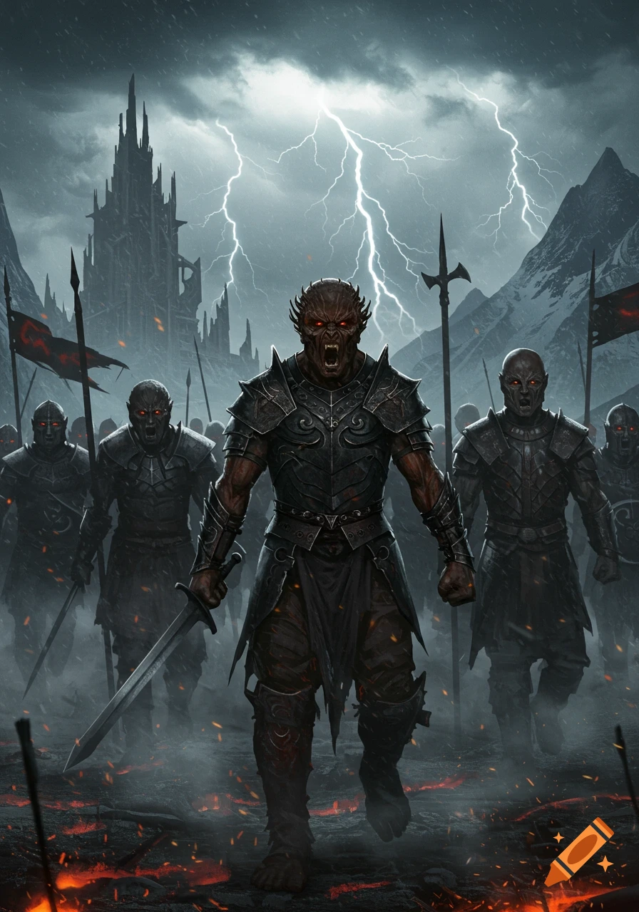 An armored Uruk-hai army, led by a horned figure with a sword, marches through burning ground under a lightning-filled sky with a gothic castle.