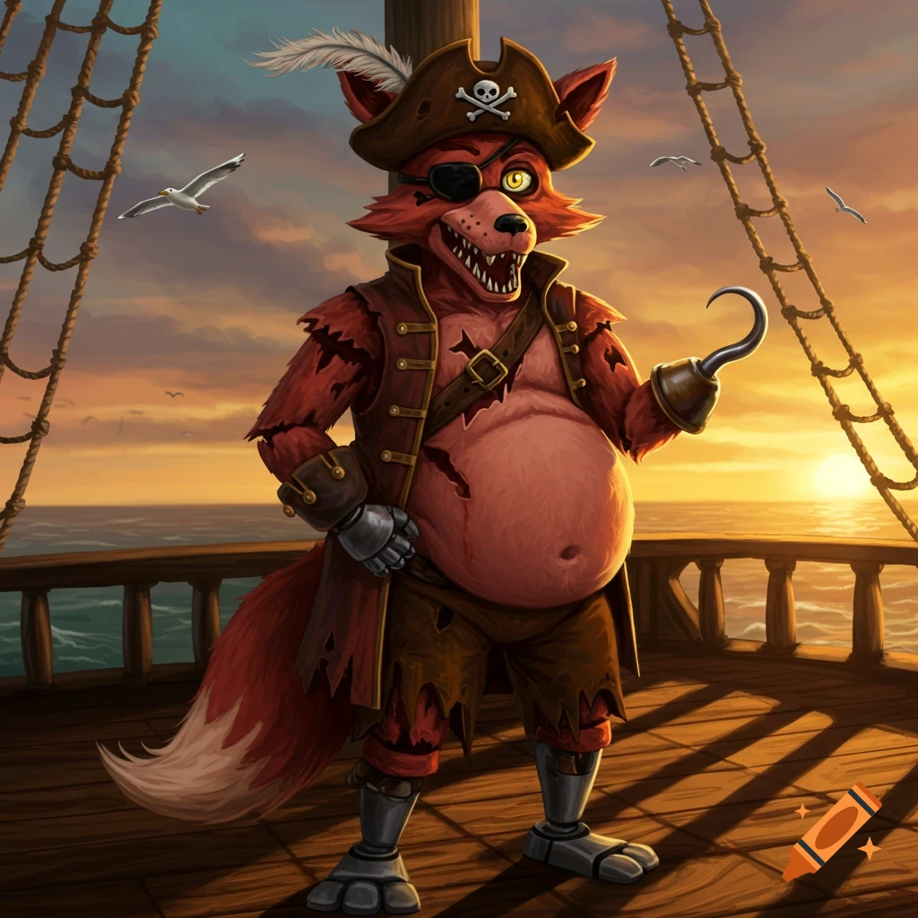 Foxy the Pirate Fox with a chubby belly, in pirate attire on a ship deck at sunset.