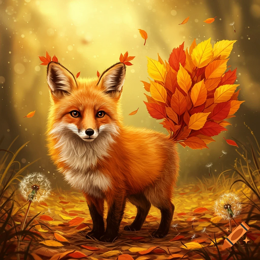 A cute orange fox with a tail and ears adorned with autumn leaves stands among fallen leaves and dandelions in a warm, glowing forest.