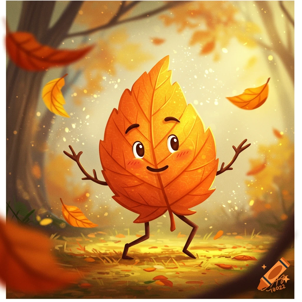 Cheerful anthropomorphic orange autumn leaf character with stick limbs dancing in a sunny forest with falling leaves. Cartoon style.