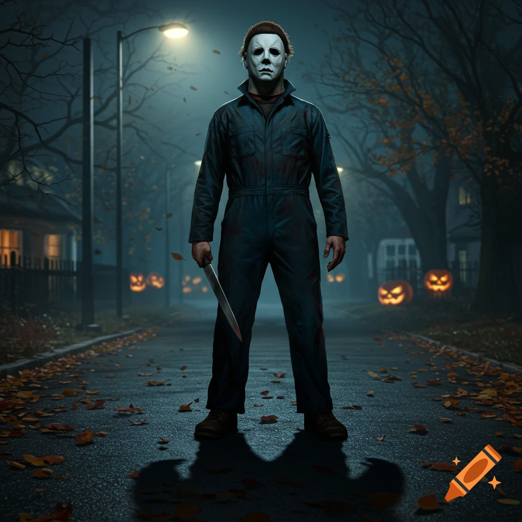 Michael Myers stands on a dark, leaf-strewn street, holding a knife, with glowing jack-o'-lanterns and streetlights.