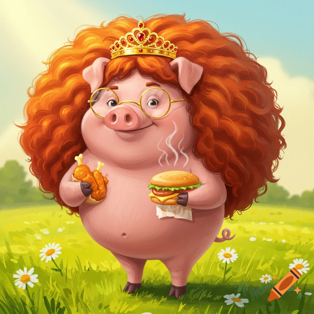 Cartoon pig with red curly hair, a golden crown, and glasses, holding a hamburger and fried chicken in a grassy field.
