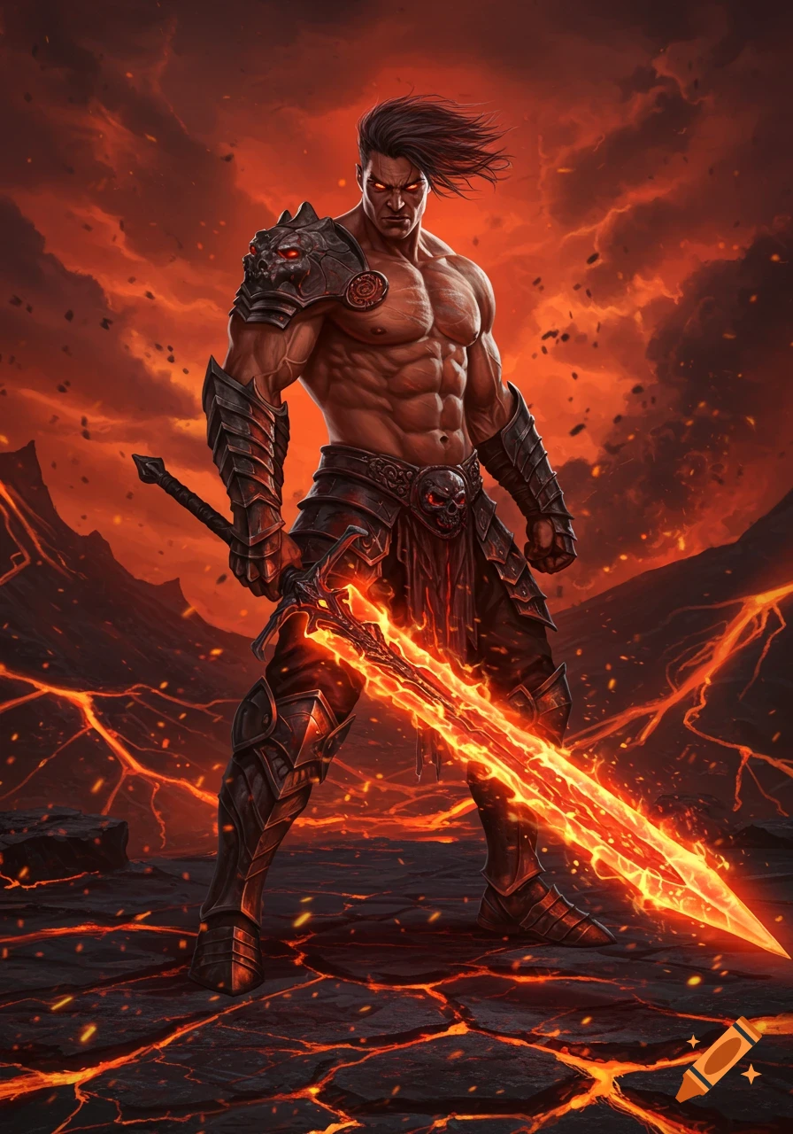 Muscular man in armor with a glowing lava sword stands in a fiery, volcanic landscape, fantasy digital art.