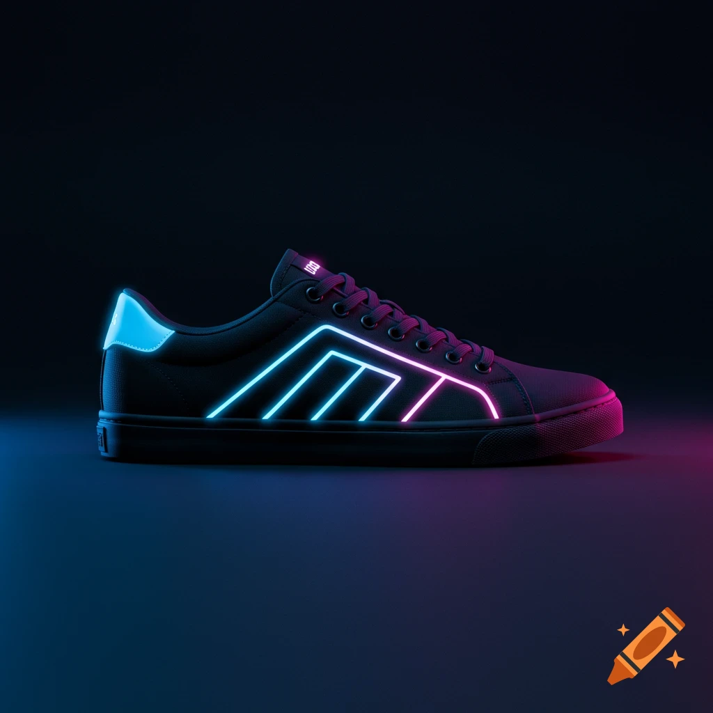 A black matte canvas sneaker with glowing blue and pink neon accents in a futuristic design, on a dark background.