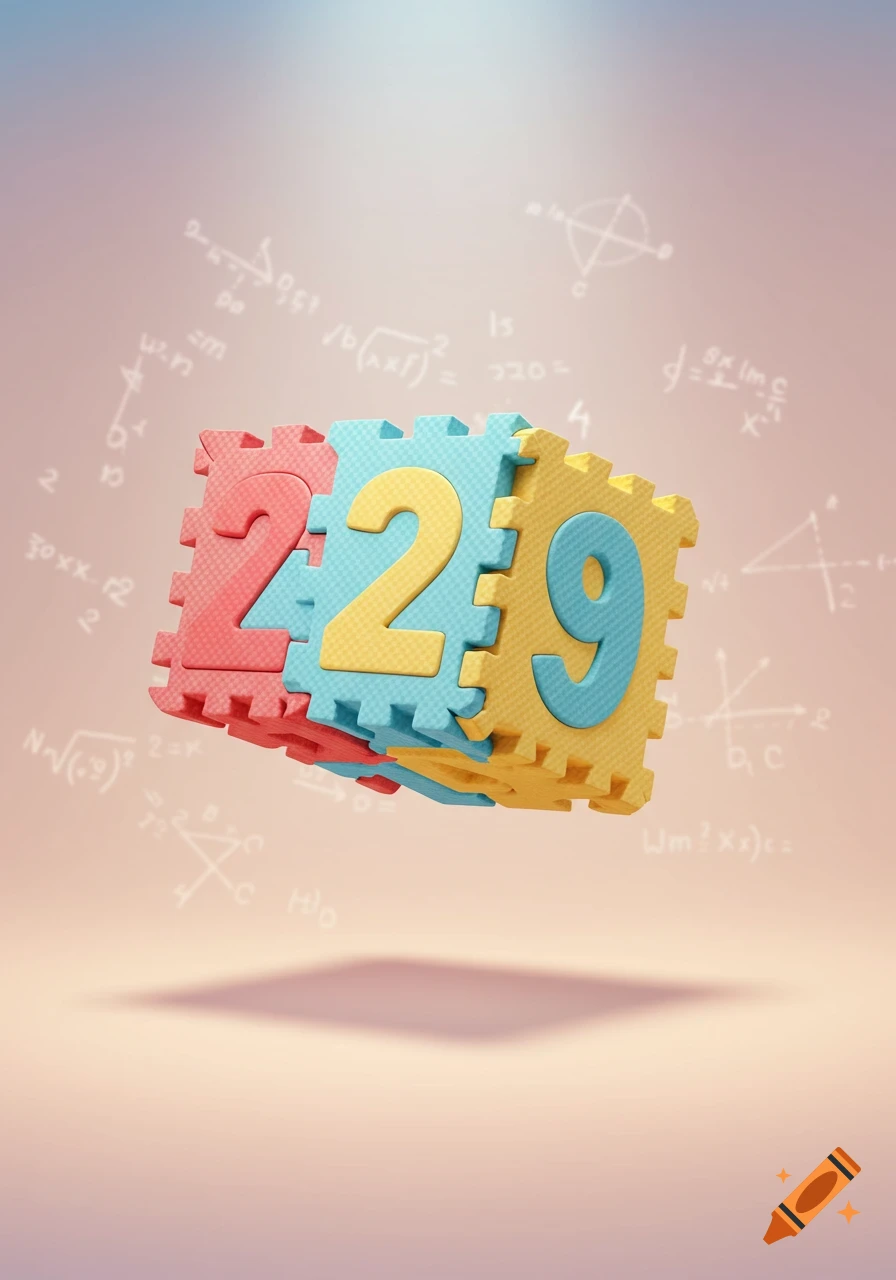 Colorful puzzle piece number blocks displaying '2', '2', '9' float against a soft background with faint mathematical equations.