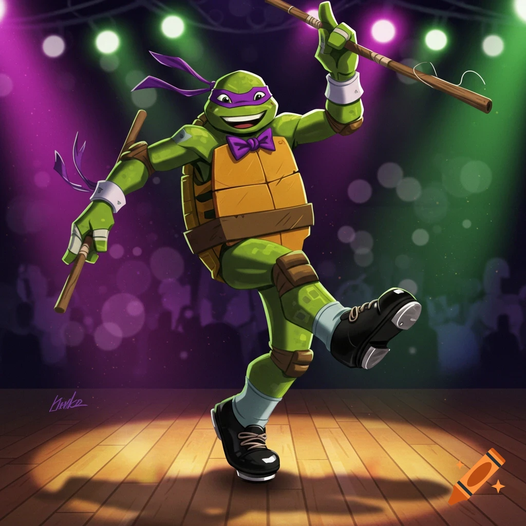 Donatello, a green Teenage Mutant Ninja Turtle with a purple mask and bow tie, tap dances on a stage with spotlights.