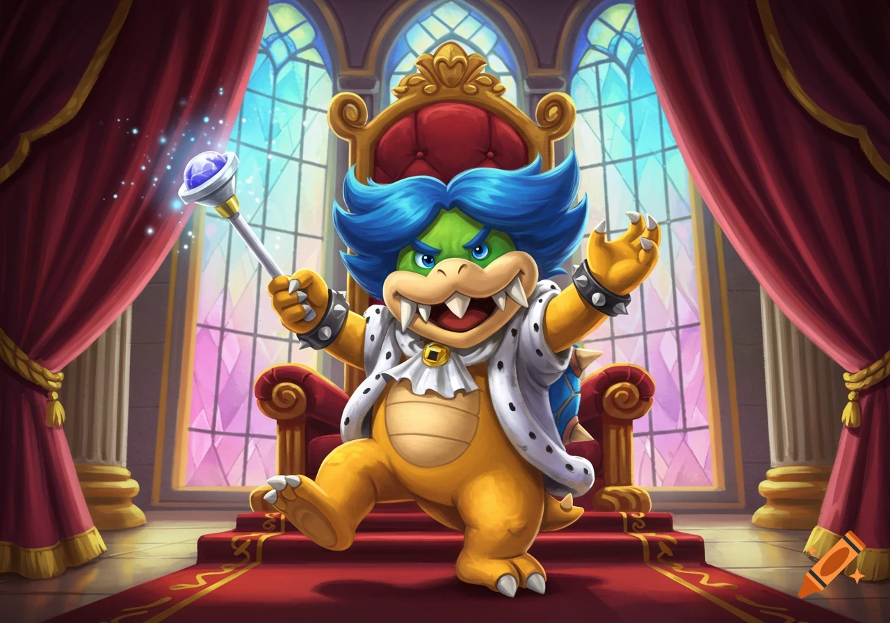 Ludwig von Koopa, in a king's robe, stands playfully in a throne room holding a glowing scepter, in a stylized illustration.