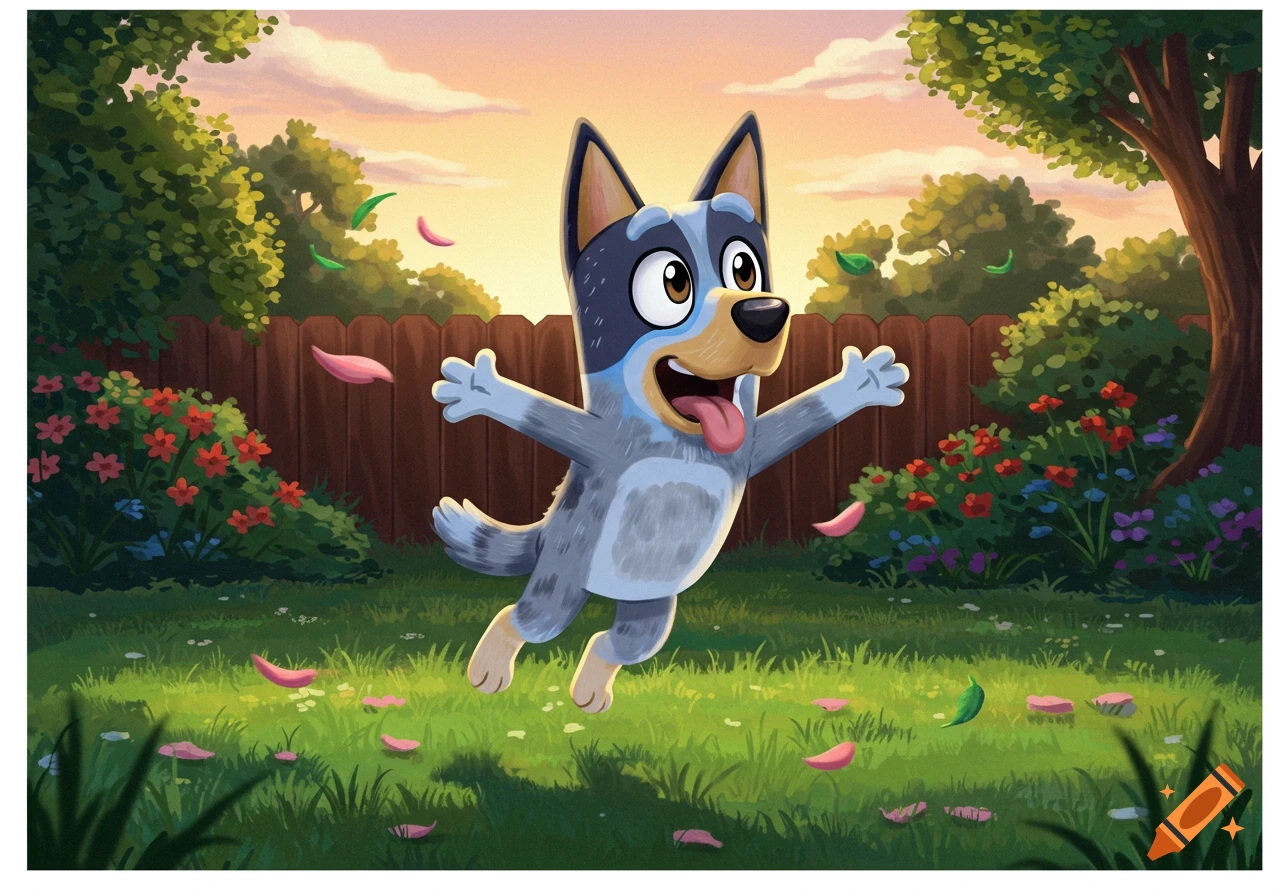 Bluey, a blue cartoon dog, jumps happily in a lush green backyard with a fence, blooming flowers, and falling petals.