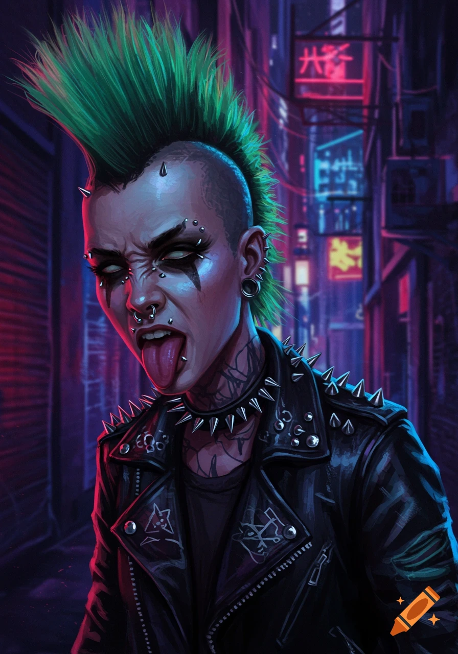 A punk woman with green mohawk, numerous piercings, and a studded leather jacket sticks out her tongue in a neon-lit cyberpunk alley.