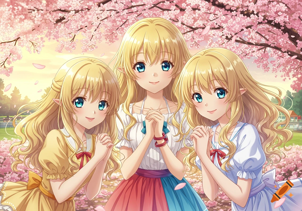 Three smiling blonde anime girls with blue eyes, wearing dresses, stand together under pink cherry blossom trees.