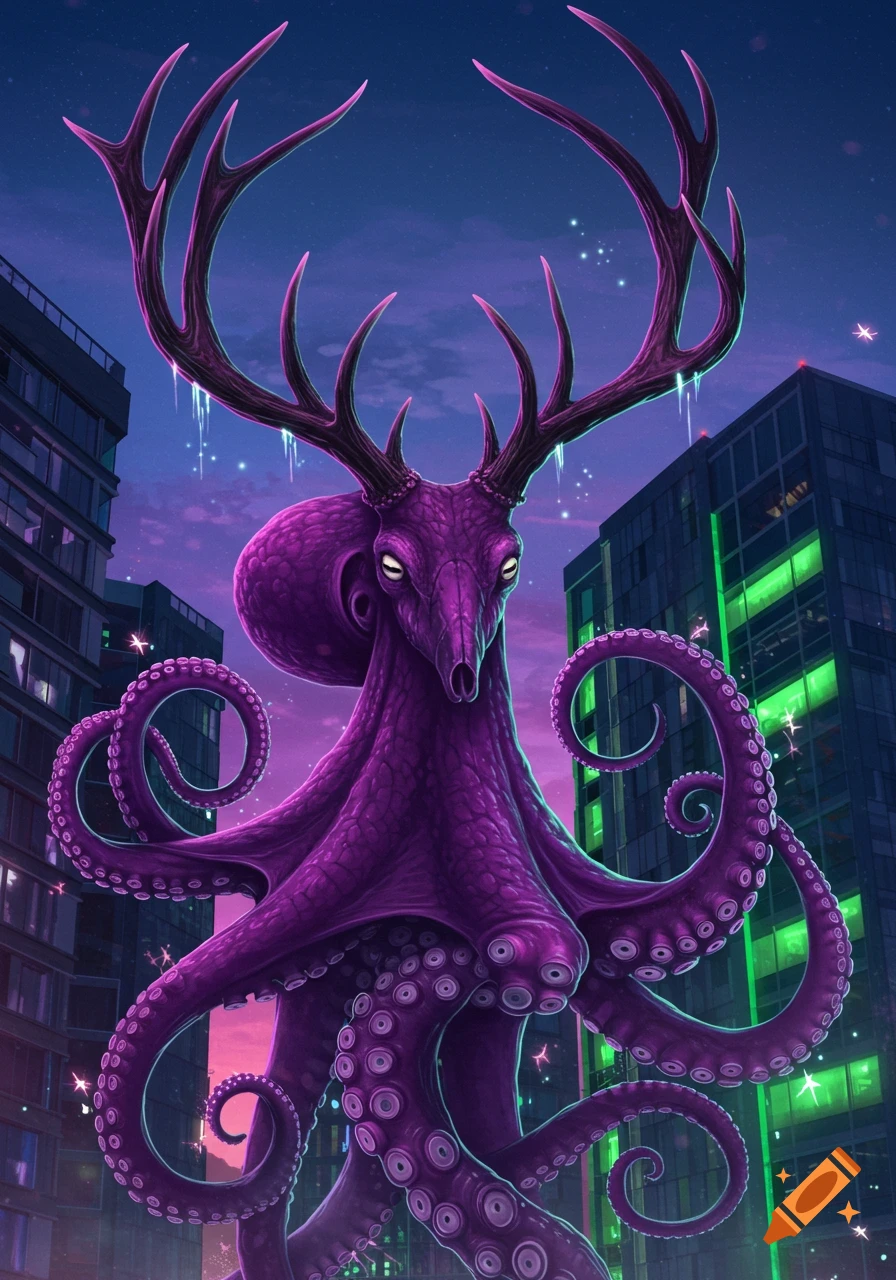 A large purple octopus-deer hybrid with glowing antlers stands amidst city buildings with neon green windows at night, digital art.