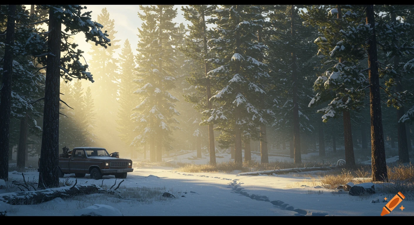 A red pickup truck is parked on a snowy road in a sunlit pine forest with footprints leading into the woods.