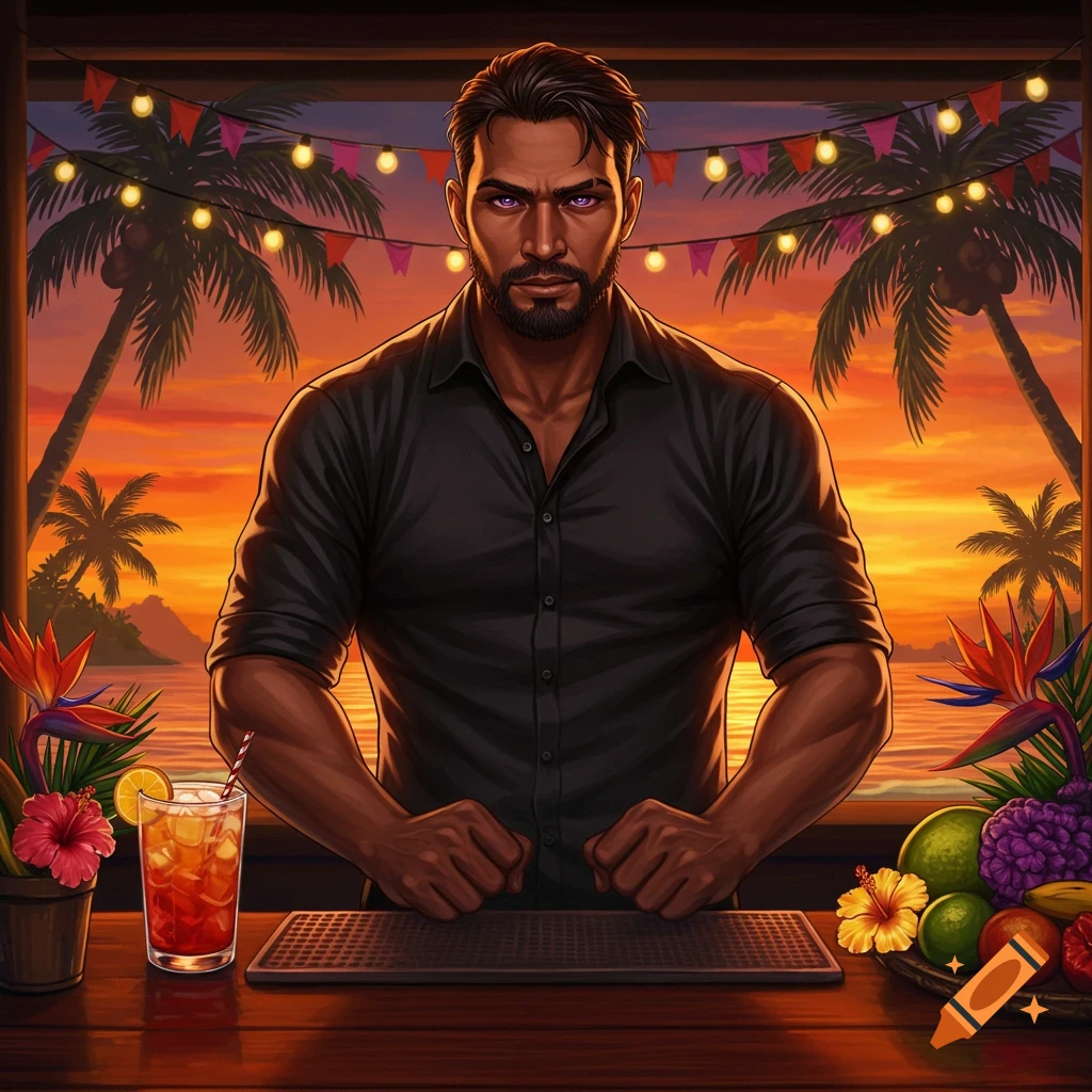A muscular male bartender with purple eyes stands at a tropical bar with drinks, fruit, and sunset over a Pacific island. Stylized.
