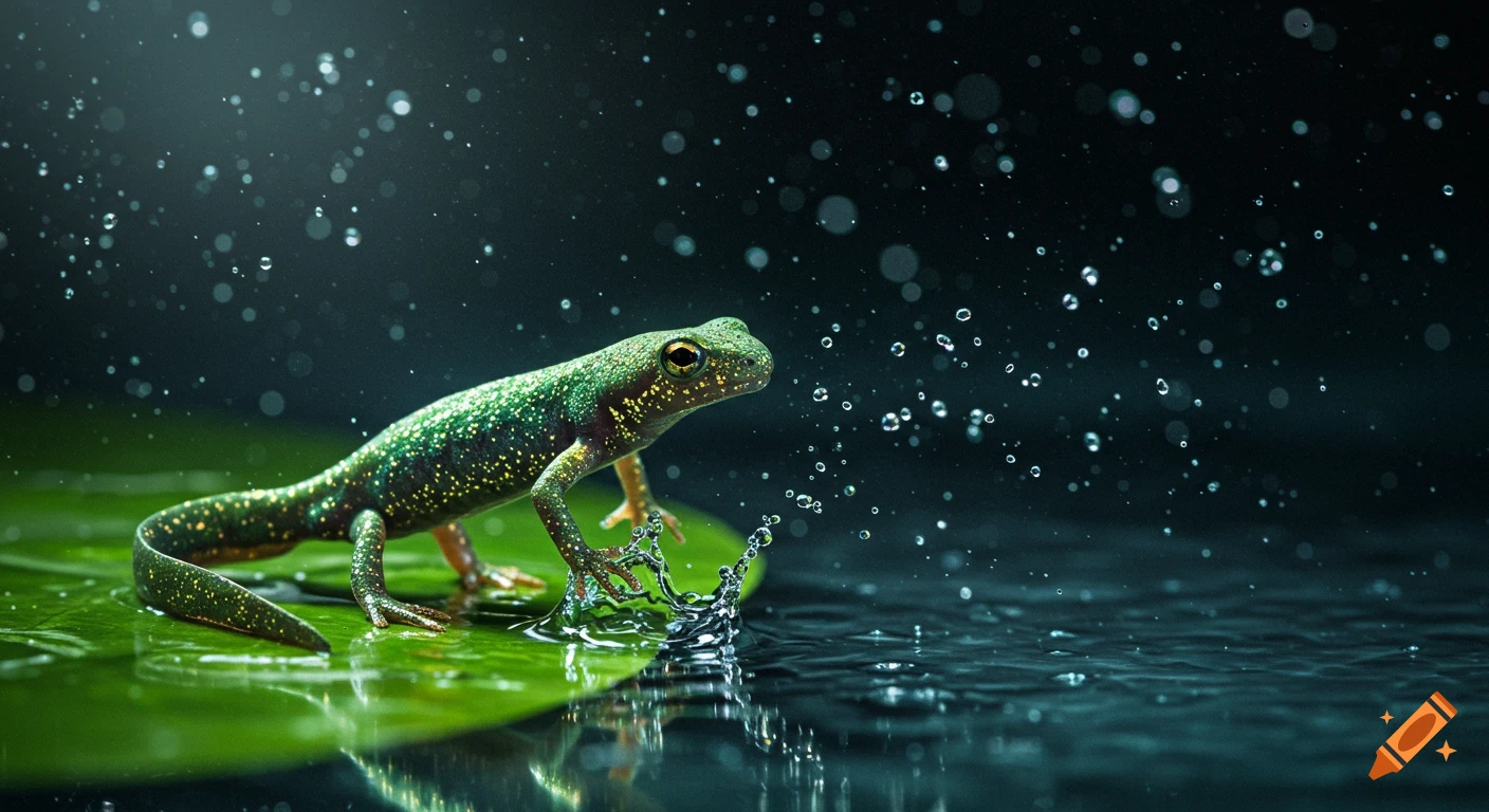 A vibrant green newt with yellow spots stands on a wet green leaf as water splashes around it, against a dark background.