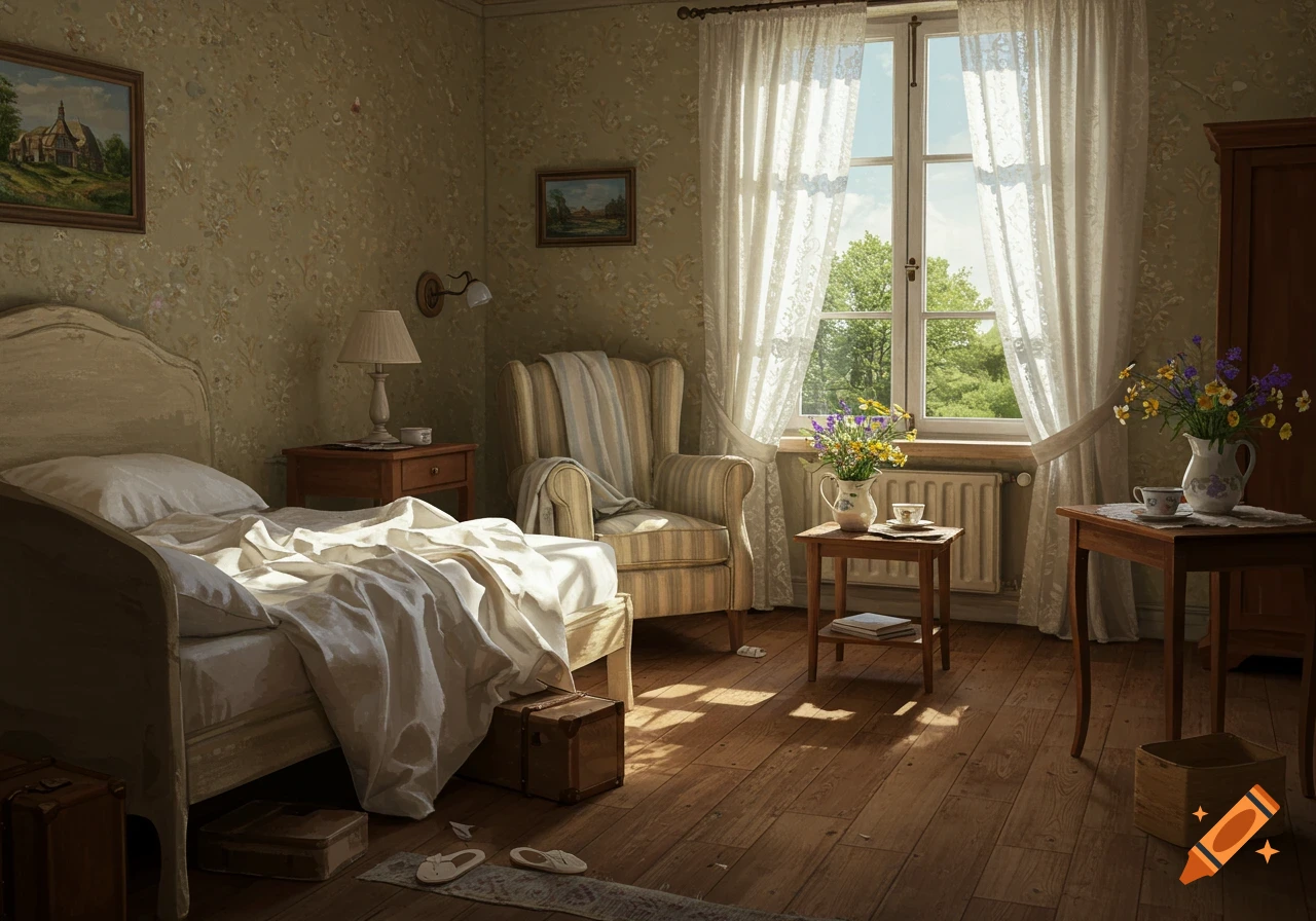 A bright, vintage bedroom with an unmade bed, an armchair, and wildflowers by a sunlit window.