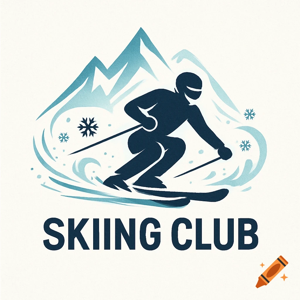 A stylized logo shows a dark blue silhouette of a skier with poles, in front of light blue mountains and snowflakes, with the text 'SKIING CLUB'.