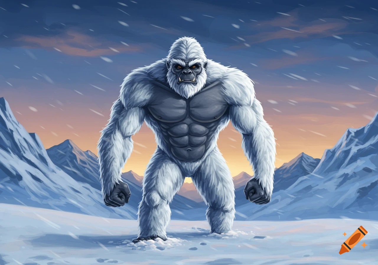 A muscular white Yeti with fangs and orange eyes stands in a snowy mountain landscape with falling snow, under an orange and blue sky.