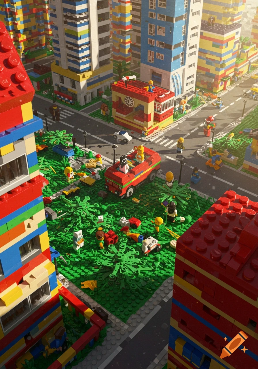 An aerial view of a vibrant, bustling city made entirely of colorful LEGO bricks, featuring buildings, roads, cars, and minifigure people.