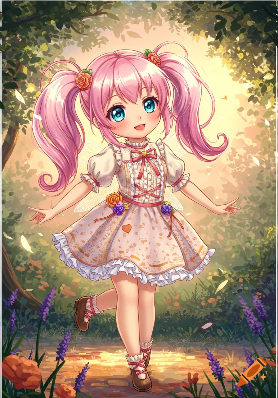 A cute anime girl with pink pigtails and fairy wings wears a patterned white dress while standing on a sunlit forest path.