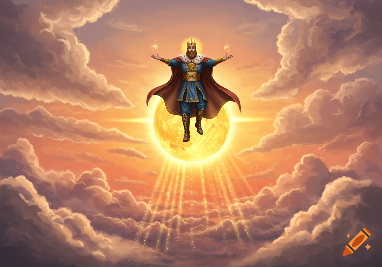 A majestic king in a crown and regal cape floats before a glowing sun in a dramatic, cloud-filled orange sky, radiating golden light.
