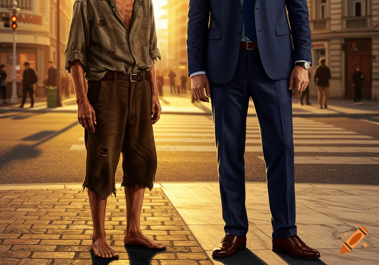 A barefoot, poor man in tattered clothes stands next to a wealthy man in a suit and dress shoes on a city street at sunset.