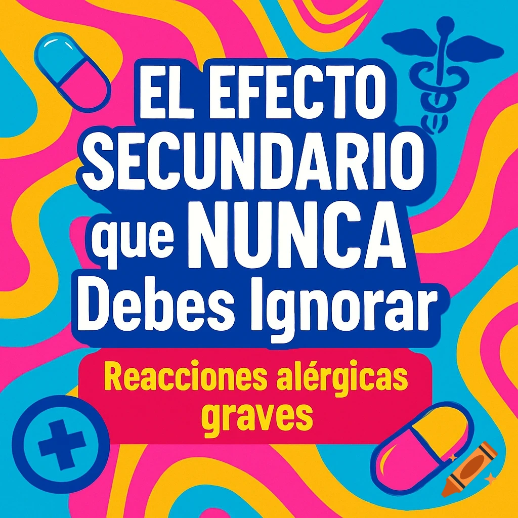 A vibrant graphic with the Spanish text "El Efecto Secundario que NUNCA Debes Ignorar. Reacciones alérgicas graves" (The Side Effect you Should NEVER Ignore. Severe allergic reactions). It features pills and a caduceus symbol on a colorful wavy background.