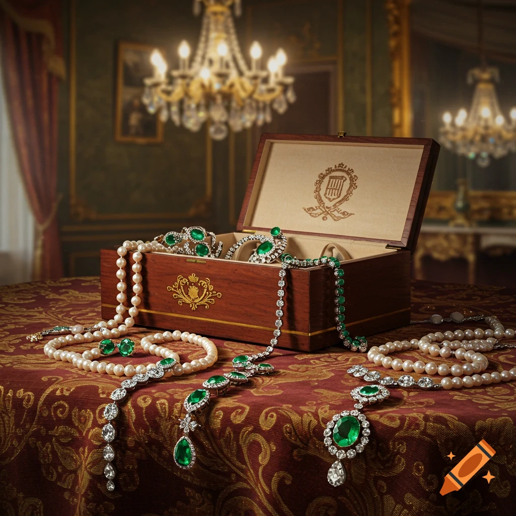 Pearl and emerald jewelry, including necklaces and earrings, spill from an open wooden box on an ornate red tablecloth in a luxurious room.