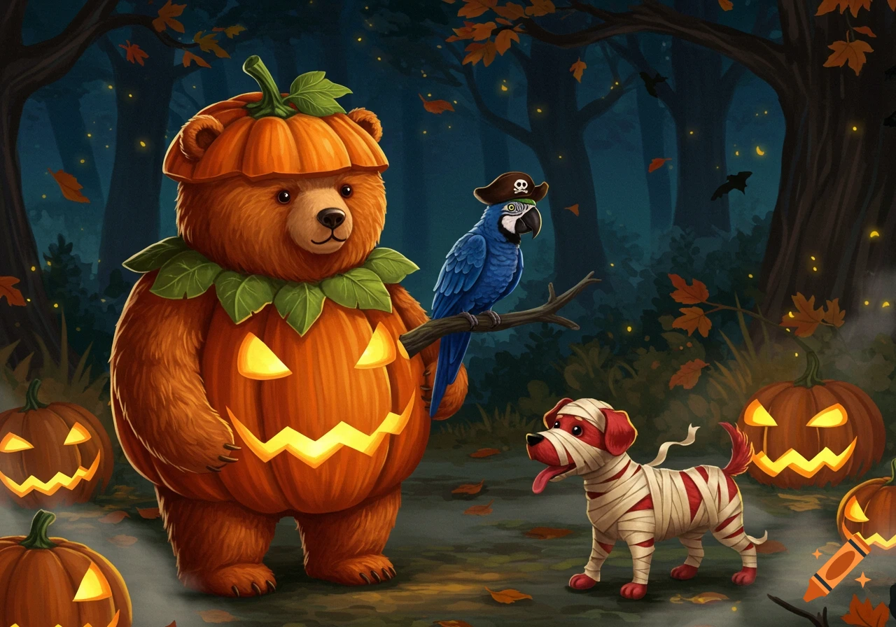A cartoon bear in a pumpkin costume, a parrot in a pirate hat, and a dog in a mummy costume in a spooky Halloween forest.