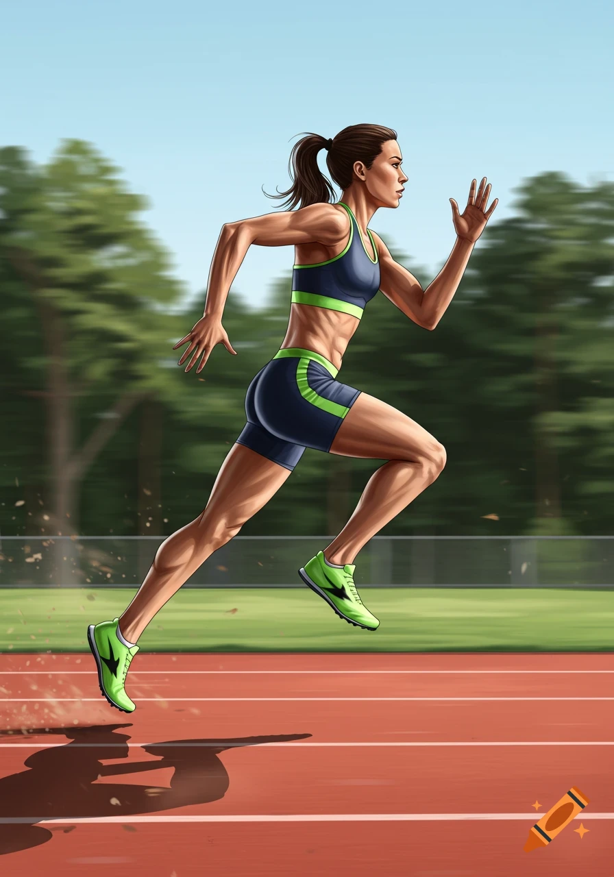 Dynamic illustration of a female athlete running on an outdoor track, wearing a sports bra and shorts.