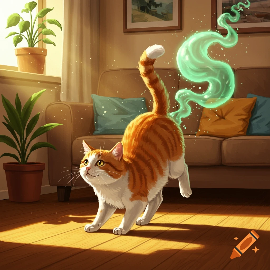 An illustrated orange and white cat arches its back, emitting glowing green gas, in a sunny living room.