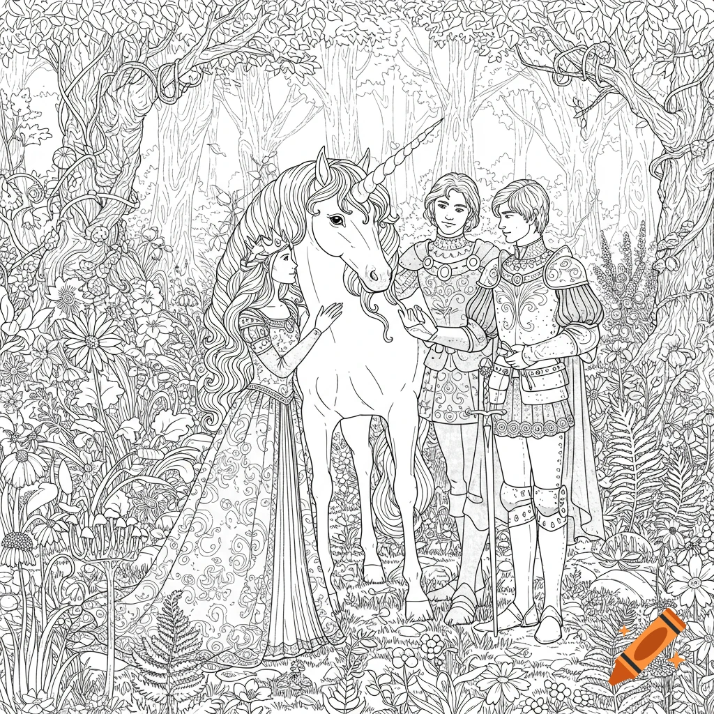 Black and white line drawing of a princess, two princes, and a unicorn in a dense, magical forest, for a coloring page.