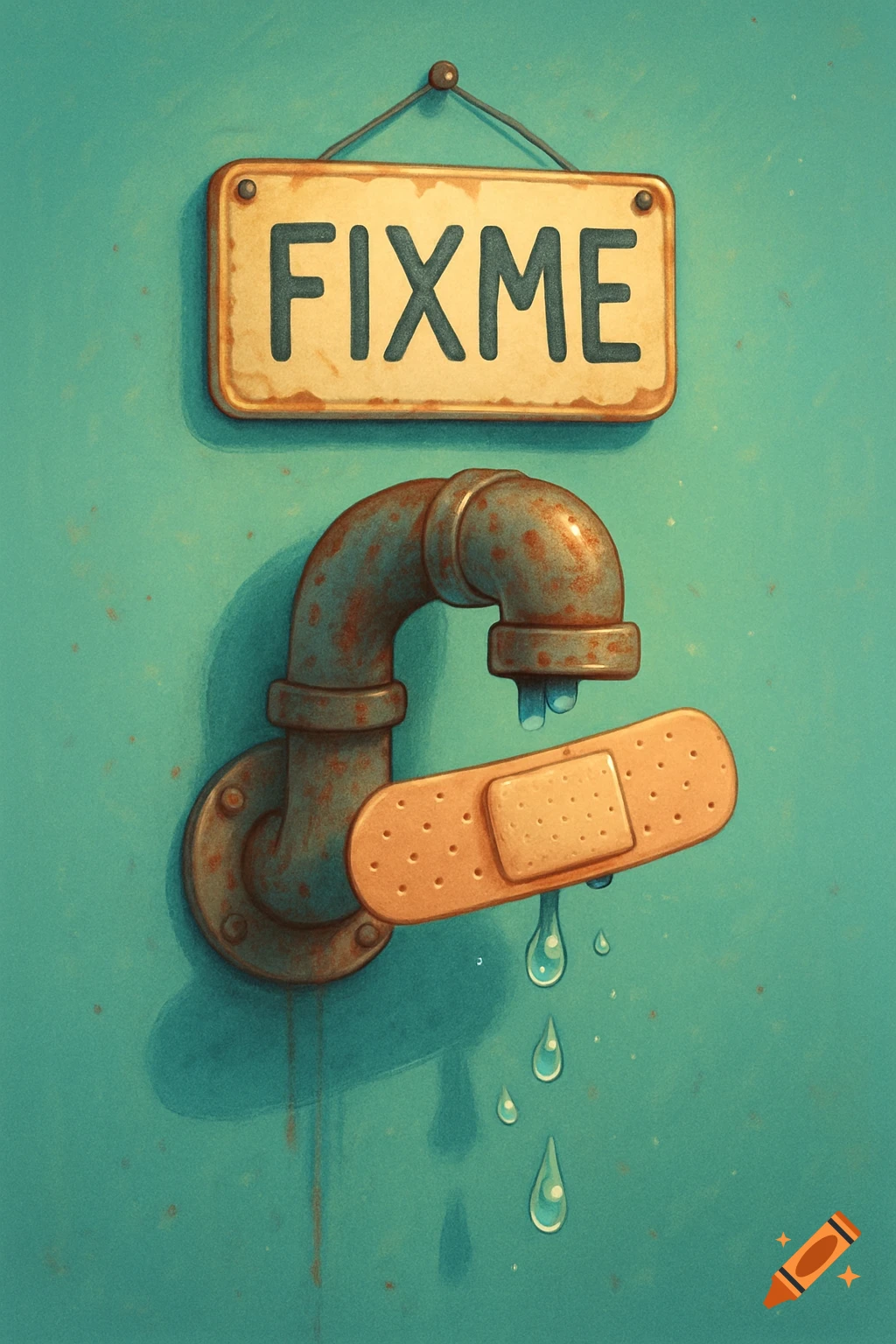 An illustration of a rusty, leaky pipe with a band-aid on it, and a 'FIXME' sign hanging above.