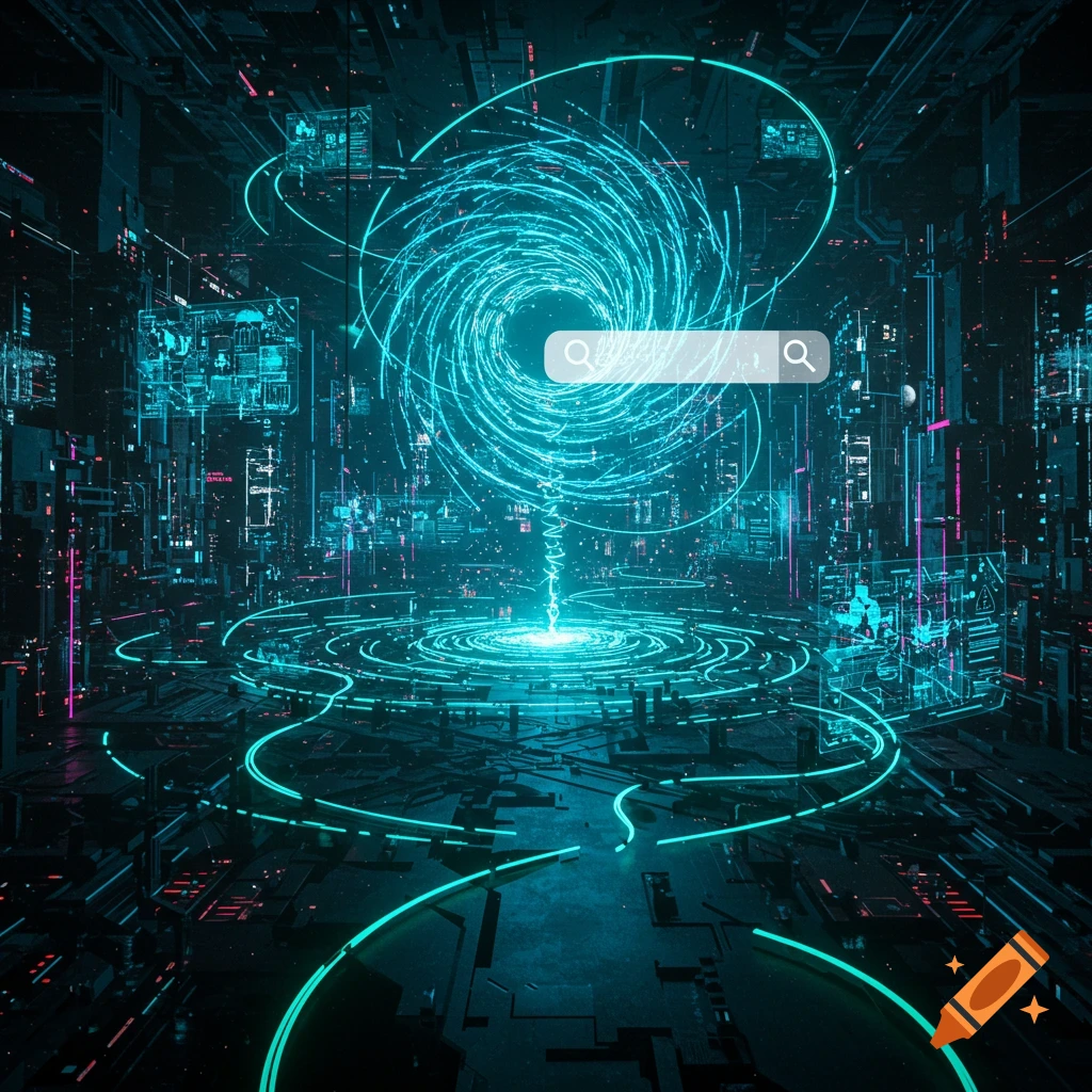 A futuristic digital landscape with glowing cyan circuits and a central vortex of energy. A prominent search bar with magnifying glass icons floats above the vortex.
