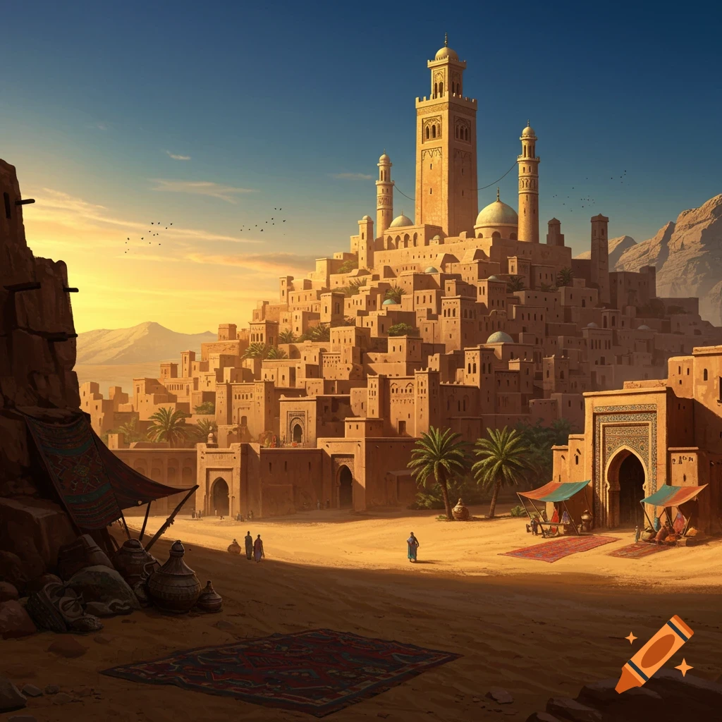 A sprawling desert city built into a hillside, featuring adobe-style buildings, minarets, and market stalls at sunset.